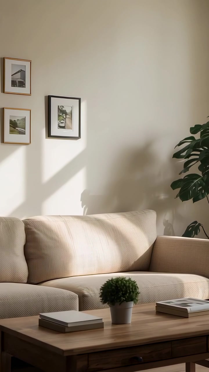 Video verticale: Sole splendente da sinistra che proietta ombre mutevoli su divano beige a casa con libri