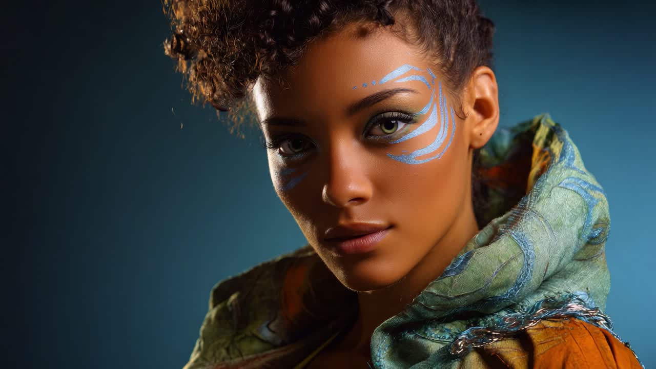 Un ritratto accattivante di una giovane donna che mette in mostra un'elaborata body art e abiti vivaci, esprimendo sicurezza ed espressione artistica su uno sfondo blu