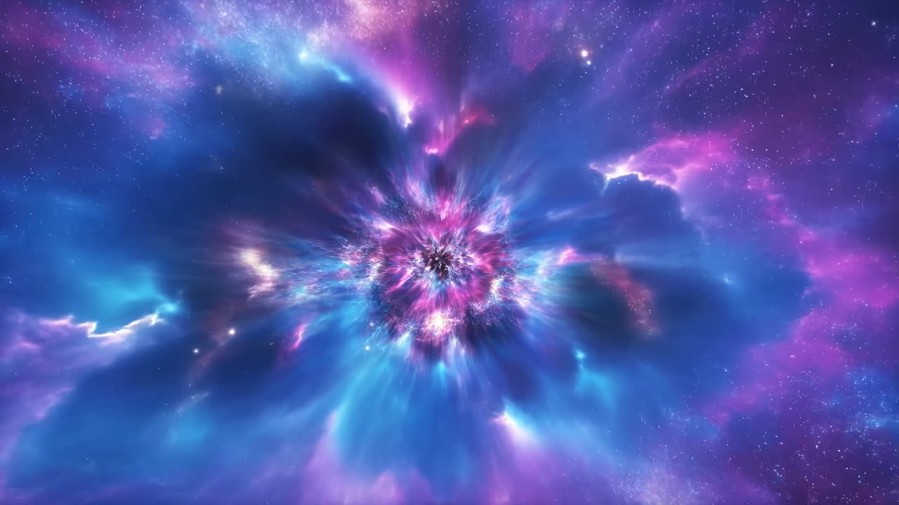 Levende lilla-blå kosmisk tågeblomst med hvirvlende vortex og lysende stjernestøv, fordybende drømmeagtig.