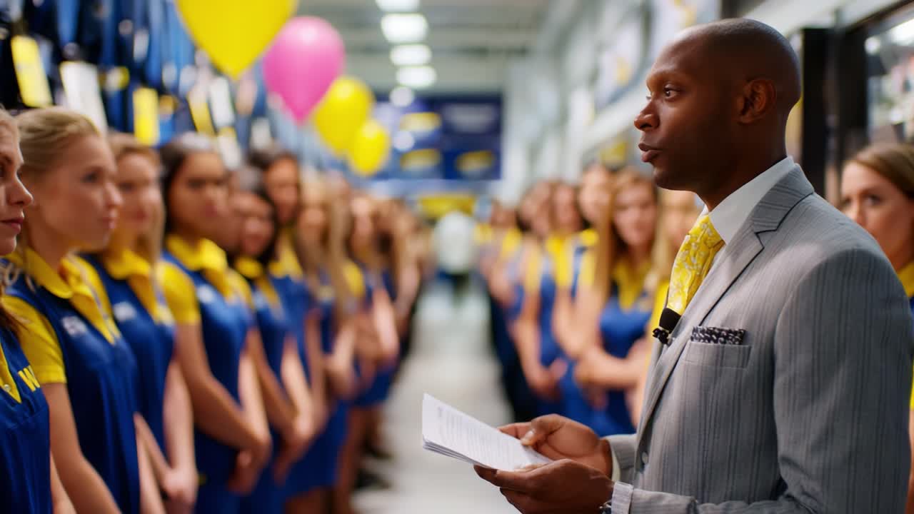 Man in a Gray Suit Addresses a Group of Young Women in Blue Dresses Surrounded by Colorful Balloons in a Festive Setting, Engaging in a Motivational Speech During an Event