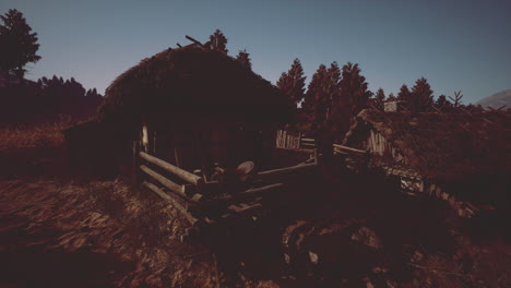 rustic cabin surrounded by trees at dusk in a serene wilderness setting