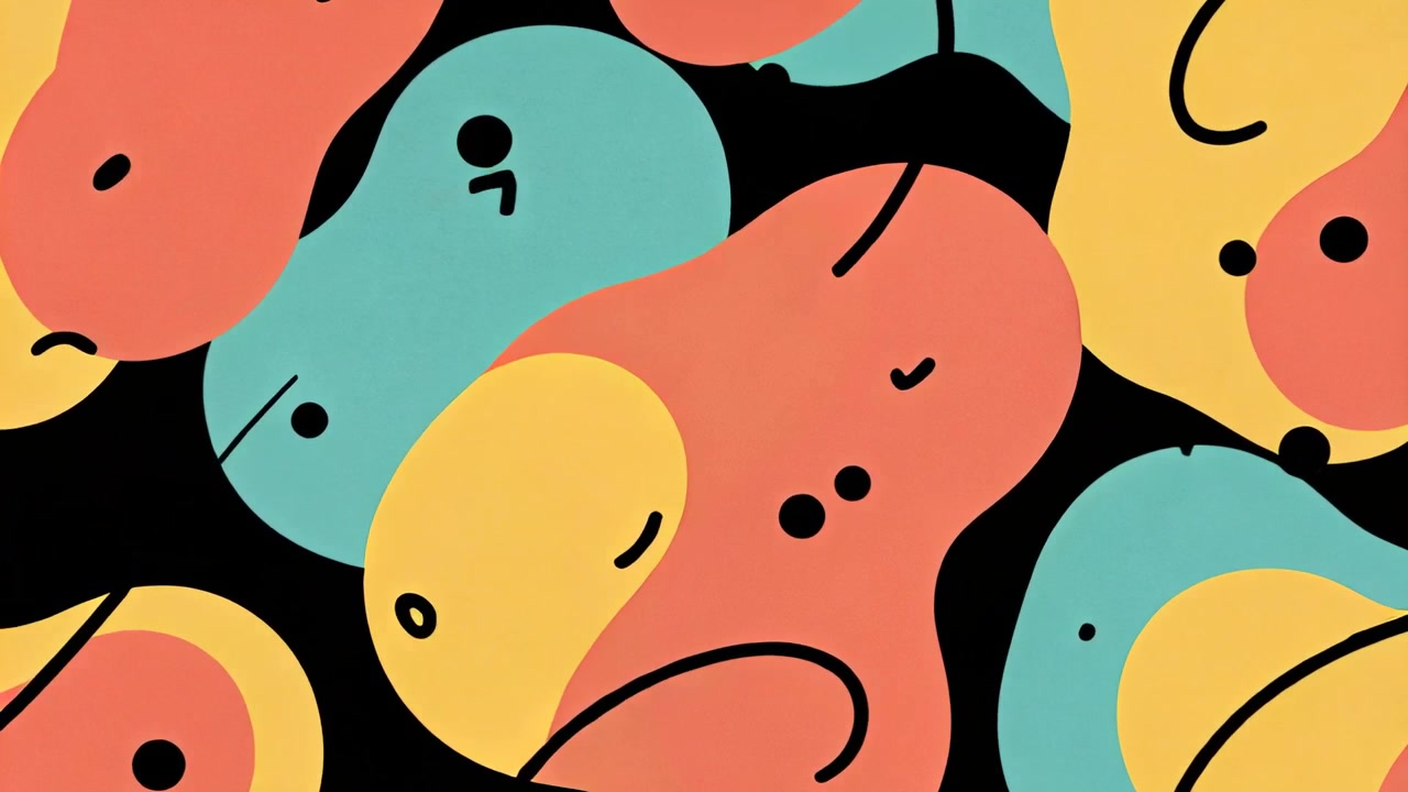 Starting playback, colorful coral teal yellow blobs morphing across 2D frame with black loops, dots