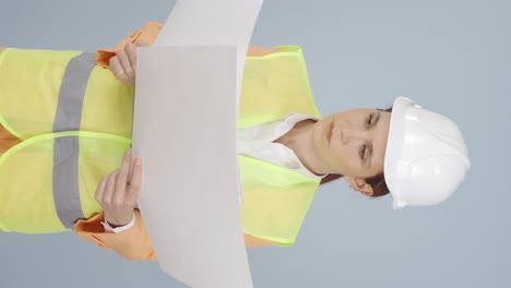 vídeo vertical de la ingeniera examina el proyecto en sus manos.