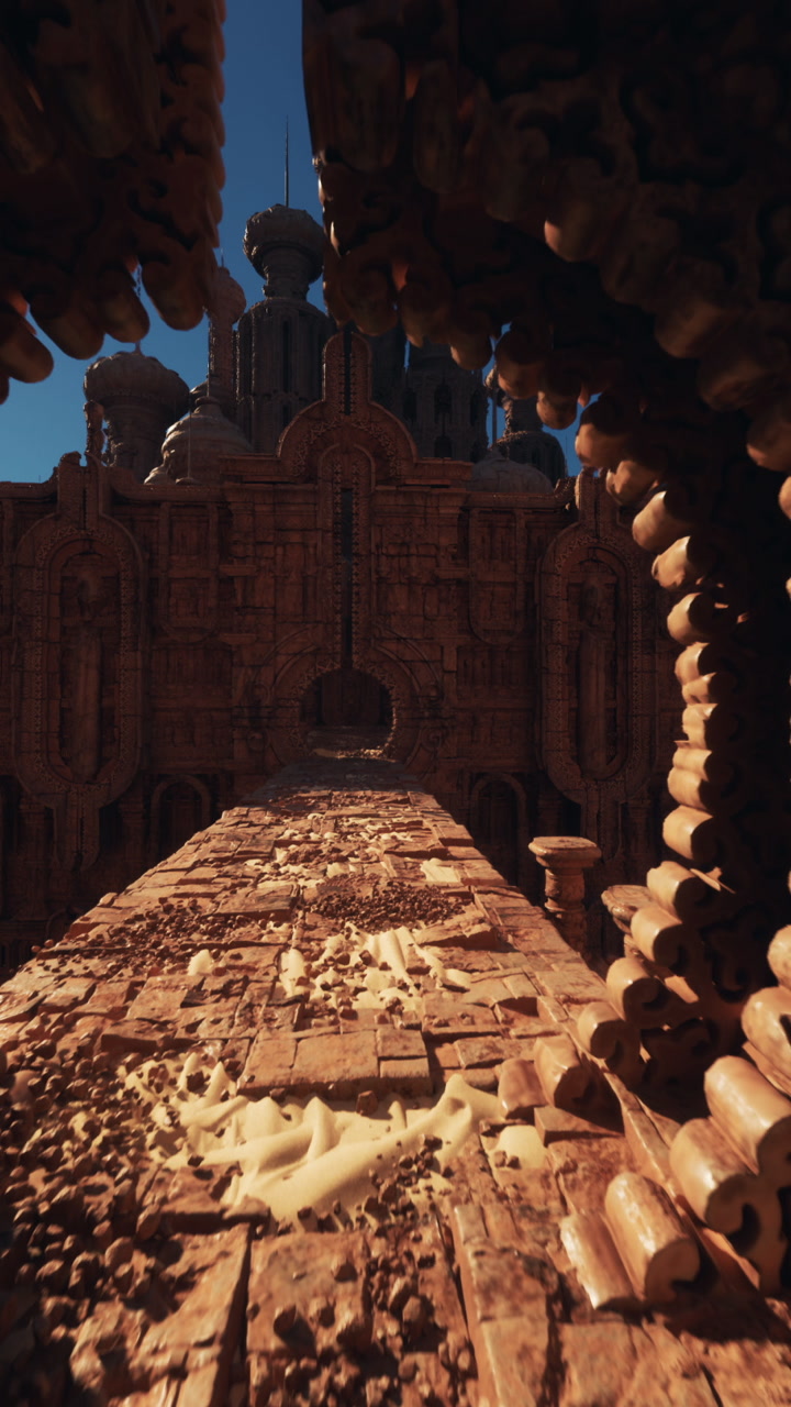 Adventurers traverse twisting roads towards towering edifices
