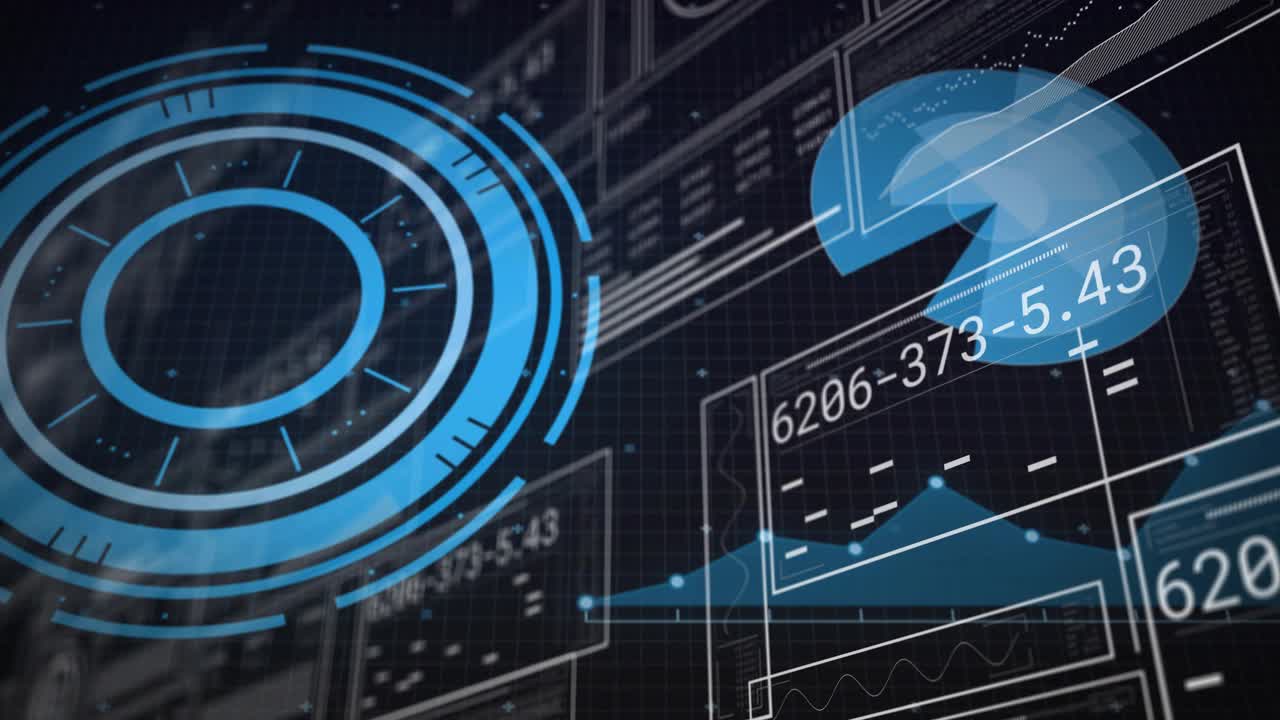 Blue circular reticle appearing, pulsing, pie-chart expanding and panels sliding, showing live data