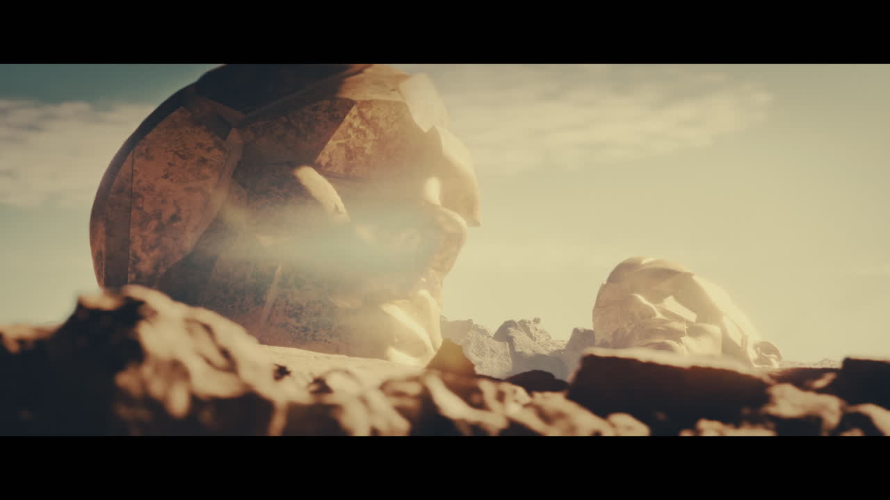 Huge golden statues in the desert during sunset