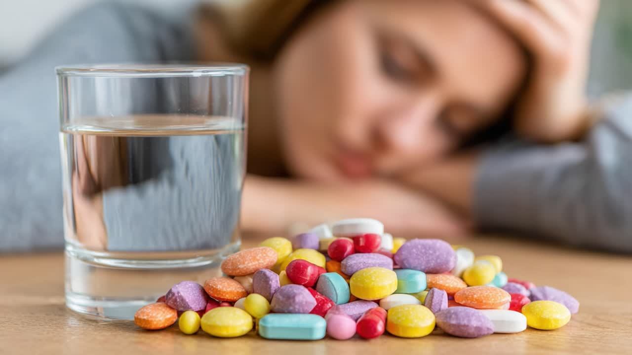 A Woman Contemplates Her Choices with a Pile of Colorful Medications and a Glass of Water, Reflecting on the Impact of Substance Use on Life and Well-Being