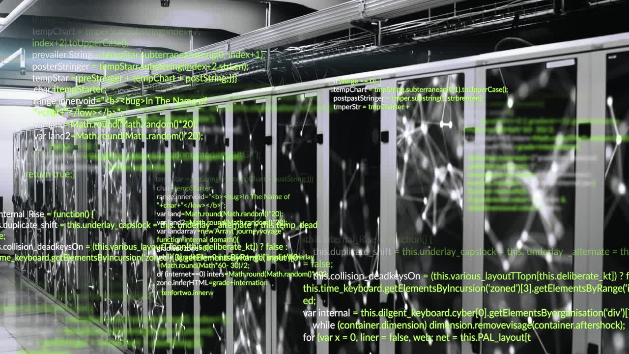 Animation of data processing and network of connections against computer server room
