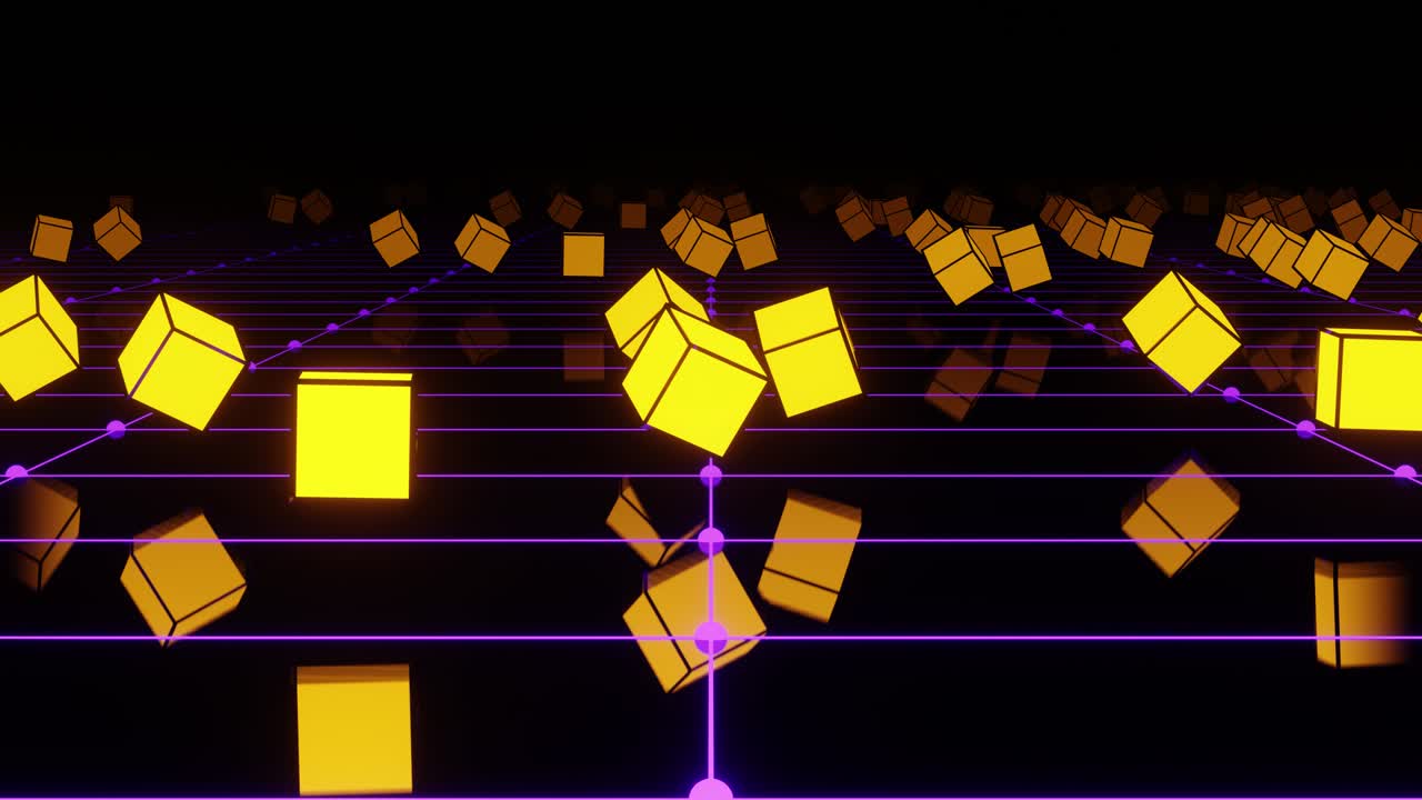 평면 위에 부드럽게 떠있는 밝은 노란색 반이는 큐브, 당신의 아름다운 비디오를위한 vj 루프 애니메이션, 성공적인 창의성을 기원합니다!