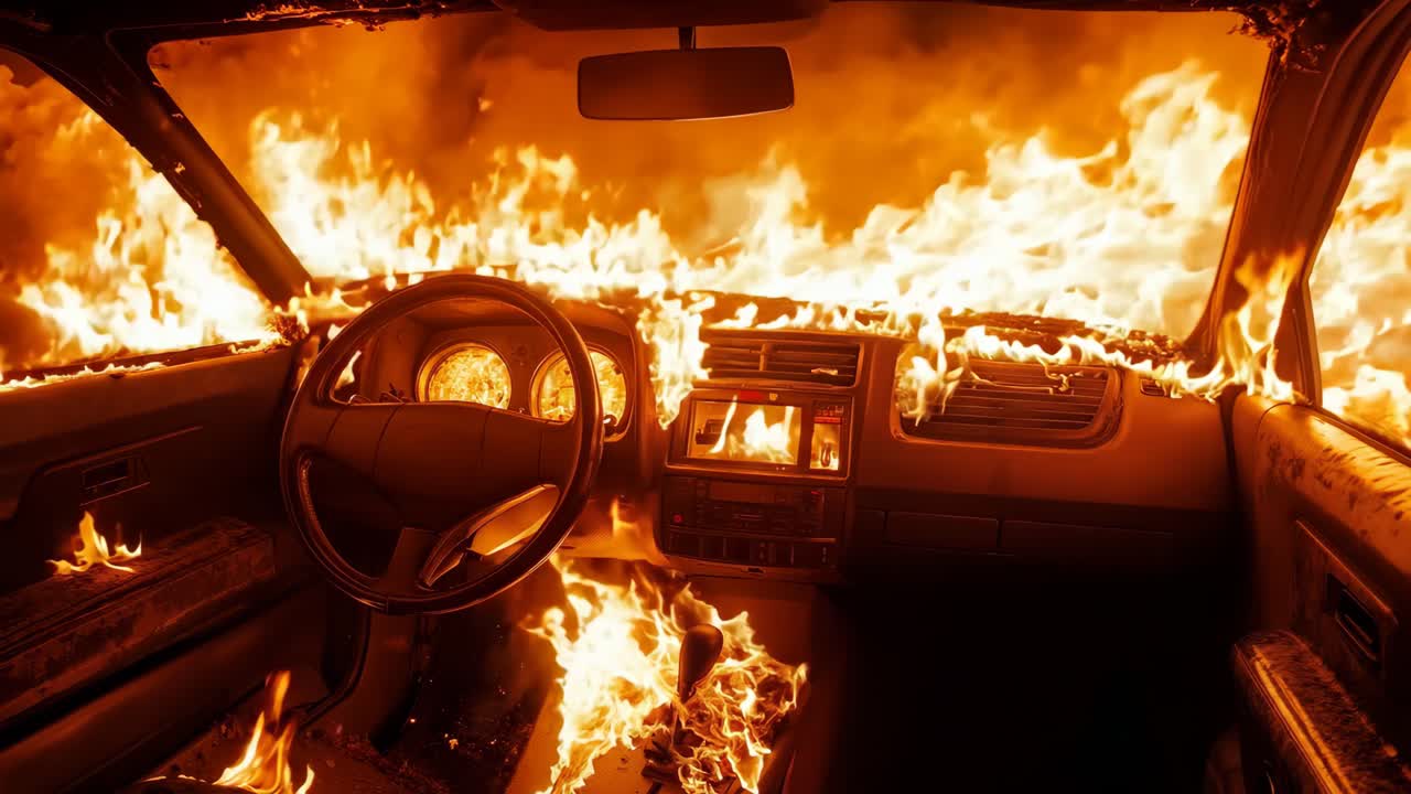 un coche está envuelto por llamas en el interior de un coche