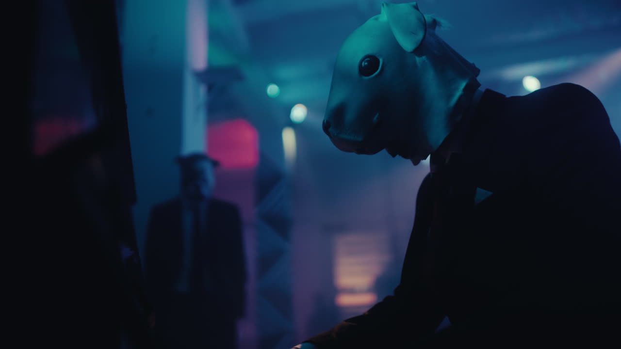Man in Animal Mask Playing Piano in Night Club