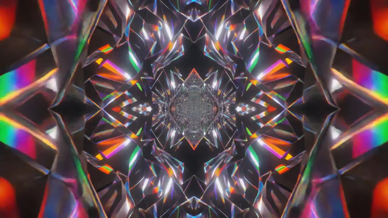 Abstraktní kaleidoskopický tunel z reflexních křišťálových hranolů.