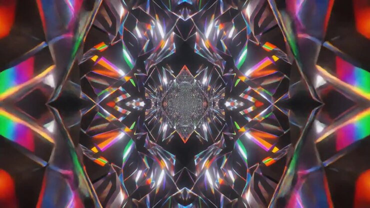 Abstraktní kaleidoskopický tunel z reflexních křišťálových hranolů.