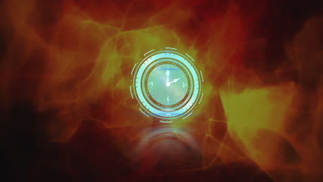 animación del reloj sobre ondas naranjas en fondo oscuro