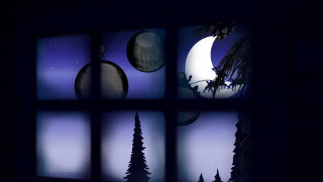 marco de la ventana sobre santa claus en trineo siendo tirado por renos contra el cielo nocturno