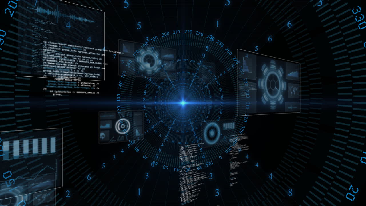 Animation of futuristic digital interface with rotating data in dark space