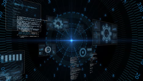 animation of futuristic digital interface with rotating data in dark space