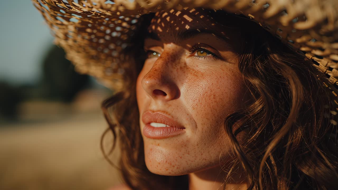 Primo piano di una giovane donna con lentiggini e capelli mossi che indossa un cappello di paglia, che guarda via pensierosa nella calda luce dell'ora d'oro, con uno sfondo rurale sfocato e un'atmosfera estiva calma.