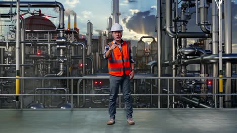full body of angry asian male engineer with safety helmet shouting at someone while standing in a refinery, oil processing equipment and machinery