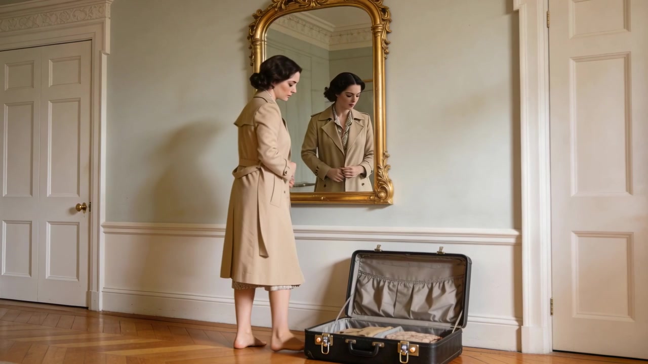 Una donna in trench color cammello si sistema, controllandosi allo specchio, lisciando e chiudendo una valigia nera aperta in una stanza.