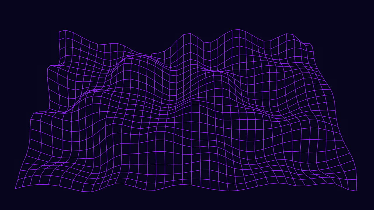 Paisaje abstracto 3D de malla con líneas de cuadrícula de neón púrpura formando ondas suaves sobre un fondo oscuro, ideal para visuales de tecnología, datos, ciberespacio y ciencia ficción
