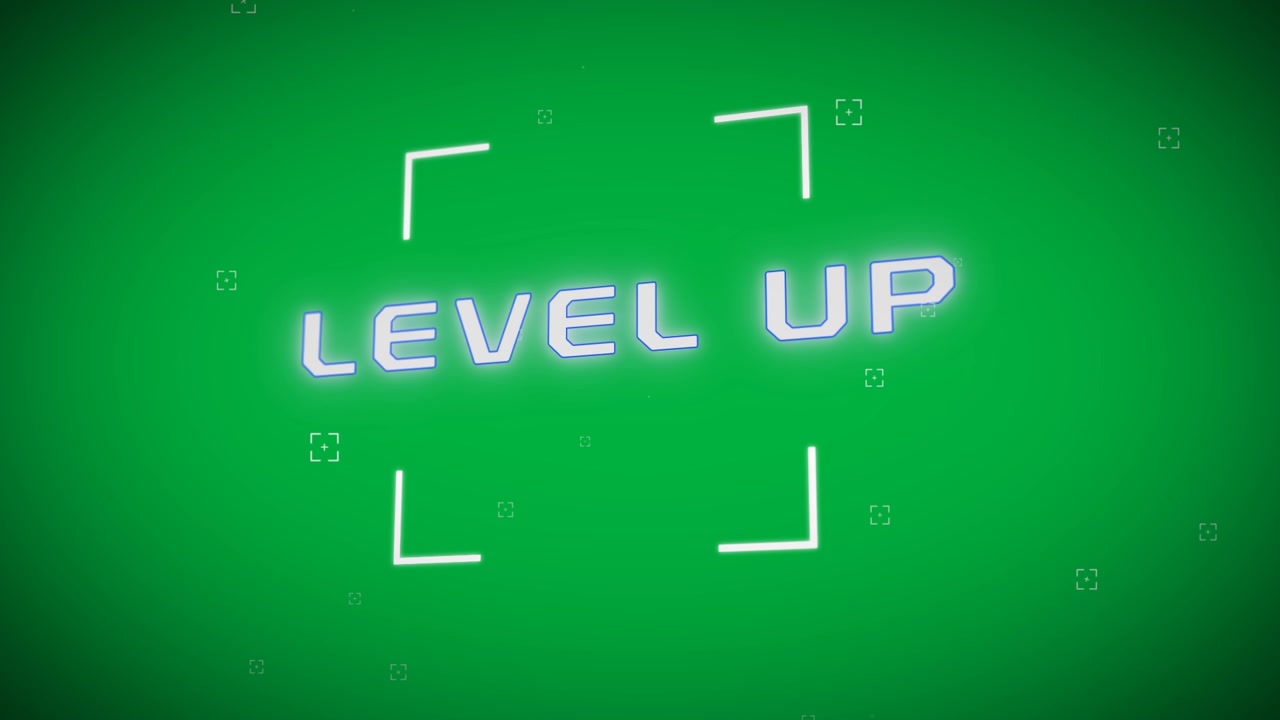 Video generato digitalmente con testo "level up" su nuvola bianca e mirino, su sfondo nero.