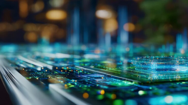 A Captivating Glimpse into a Futuristic Digital Landscape of Colorful, Dynamic Data and Advanced Circuits Reflecting Light and Innovation in a Modern Technological Environment