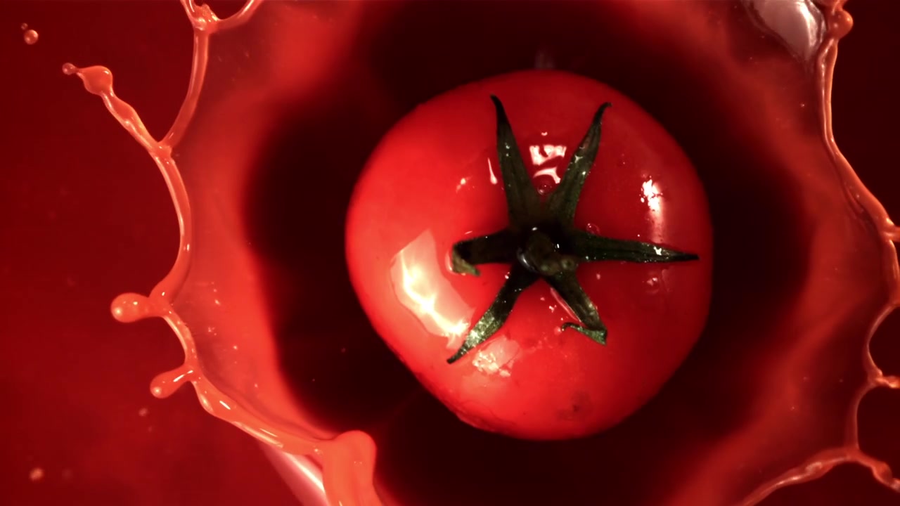 Fresh Red Tomato Splashing into Vibrant Red Liquid