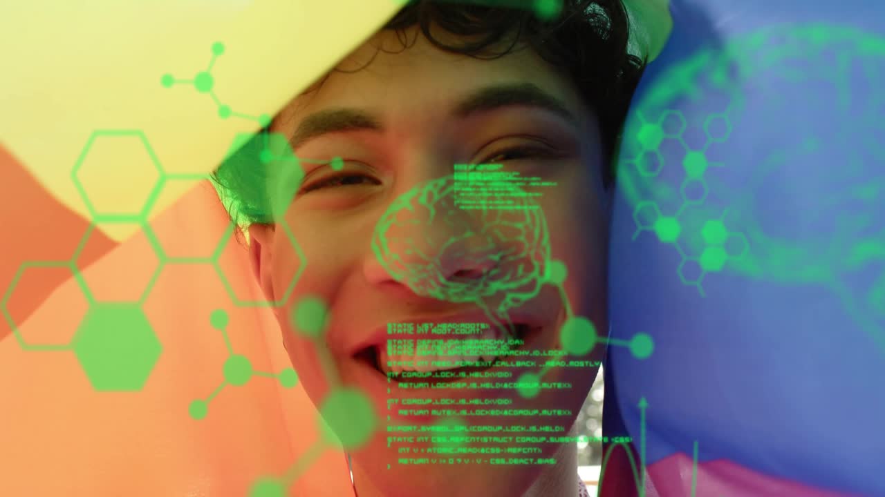 Man lying under colors, fabric shifting, HUD animating hex nodes, brain HUD showing data for tech