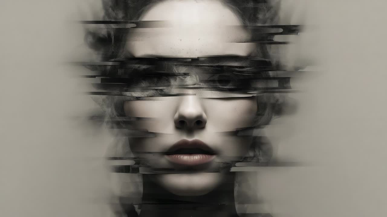 Glitching female face showing horizontal bands shifting across tan backdrop after playback starting