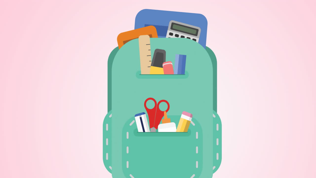 Animation of backpack and school icons over pink background