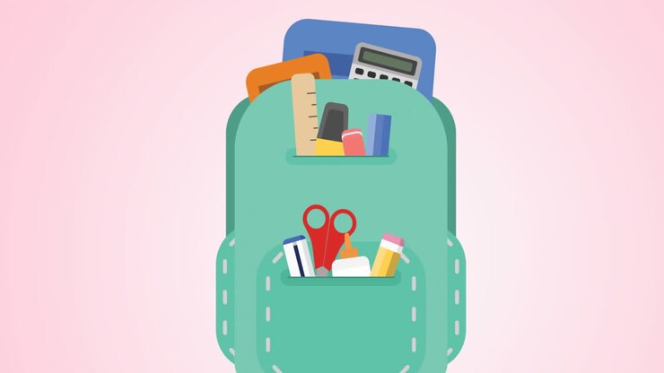 Animation of backpack and school icons over pink background