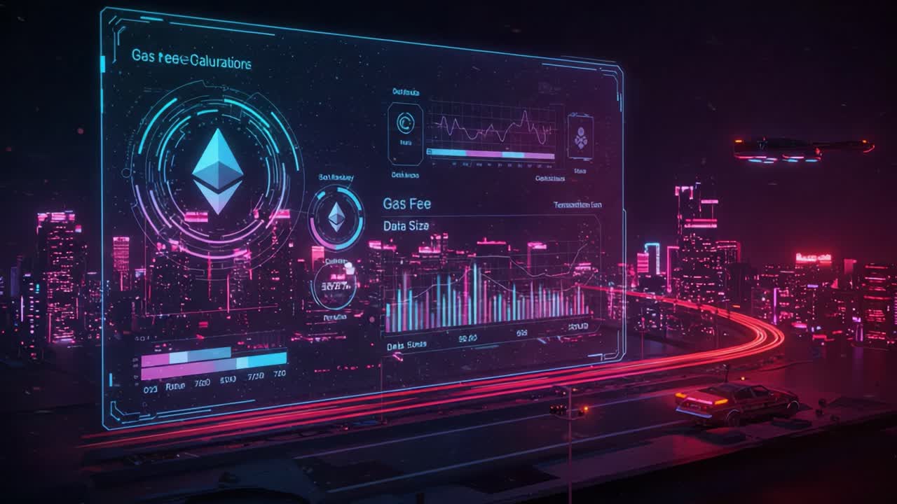Innovative Gas Fee Calculation Dashboard with Vibrant Neon Cityscape Showcasing Data Analytics in a Futuristic Setting