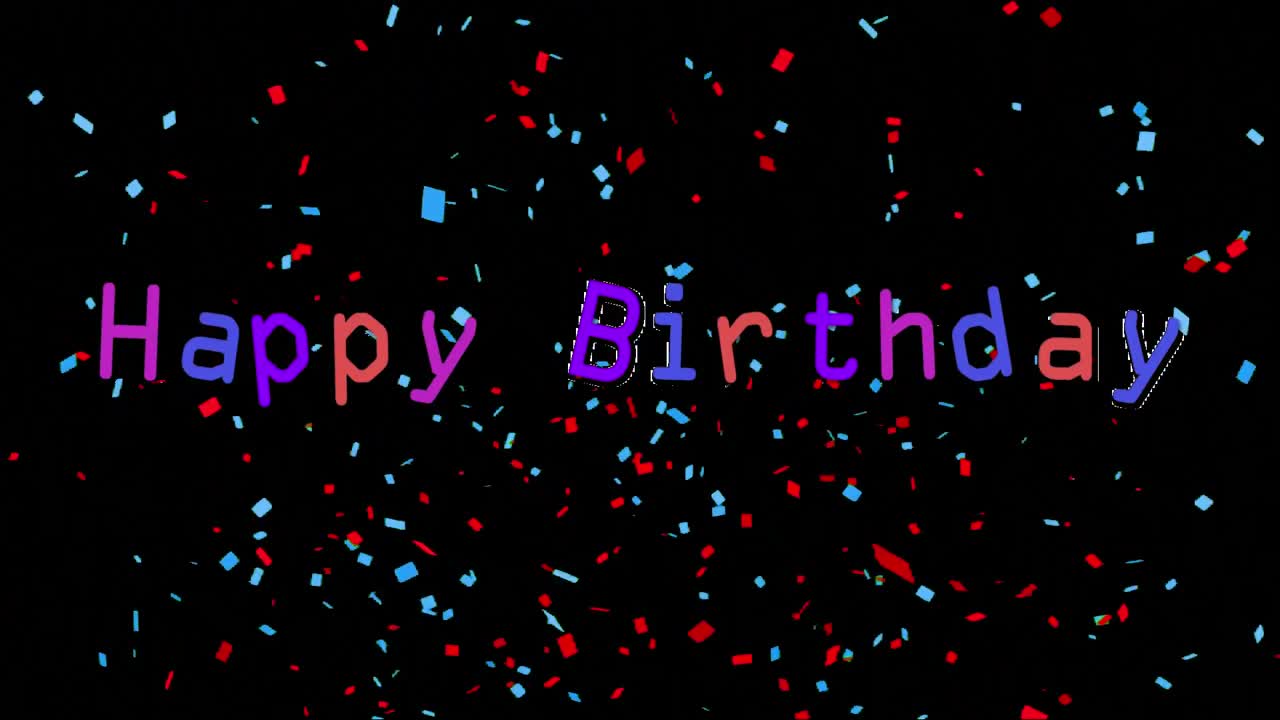 Buon Compleanno scritto su sfondo nero con coriandoli