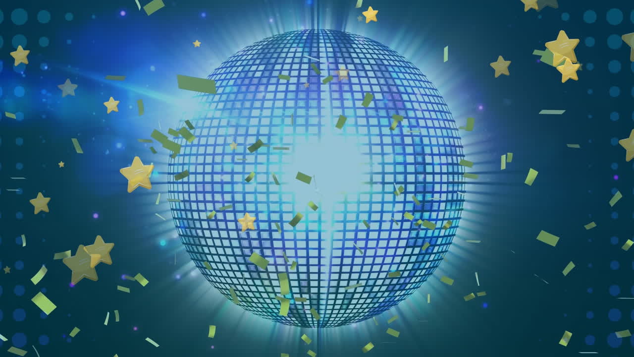 회전하는 거울 공 위에 별과 콘페티의 애니메이션