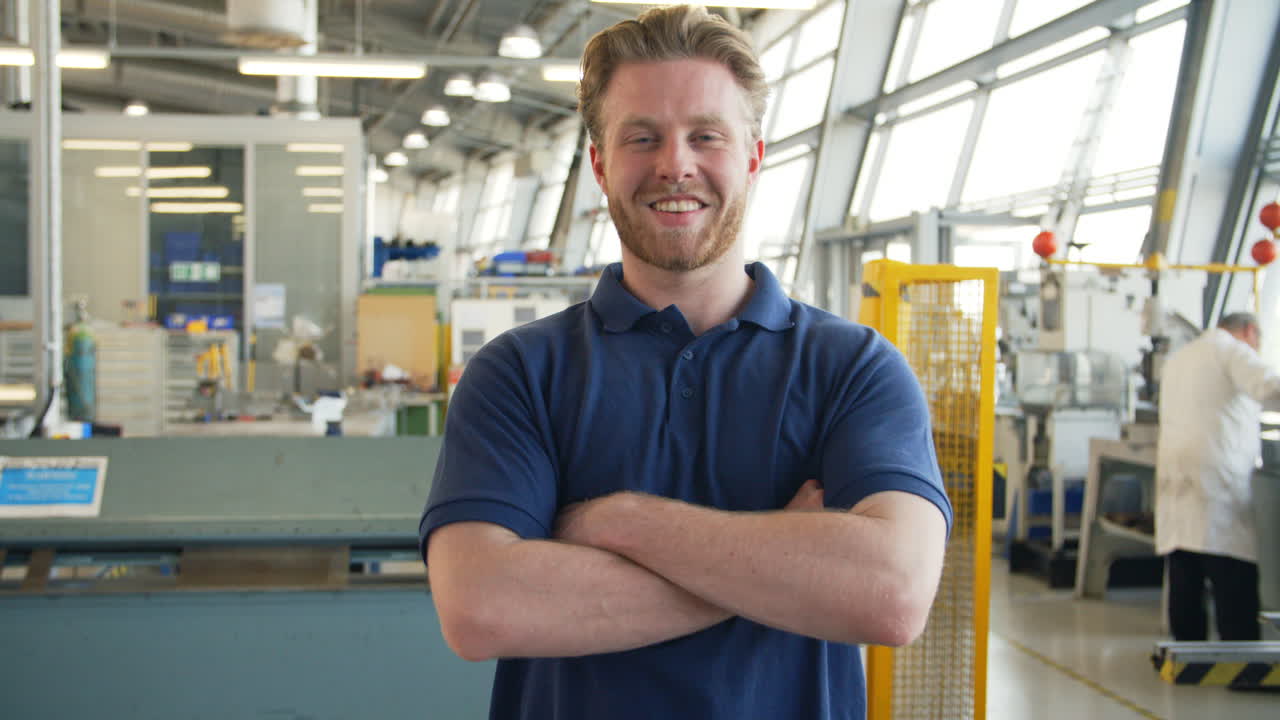 Portræt af mandlig ingeniør, der går mod kameraet på et værksted.