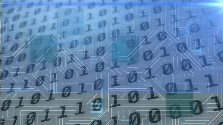 Animation of binary coding, data processing over glowing computer circuit board