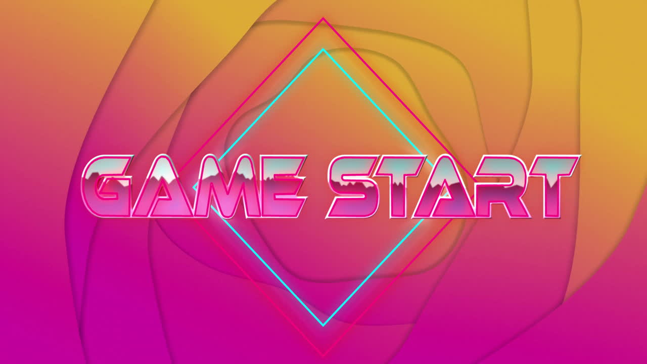 Neon Game Start text glowing over vibrant geometric animation background