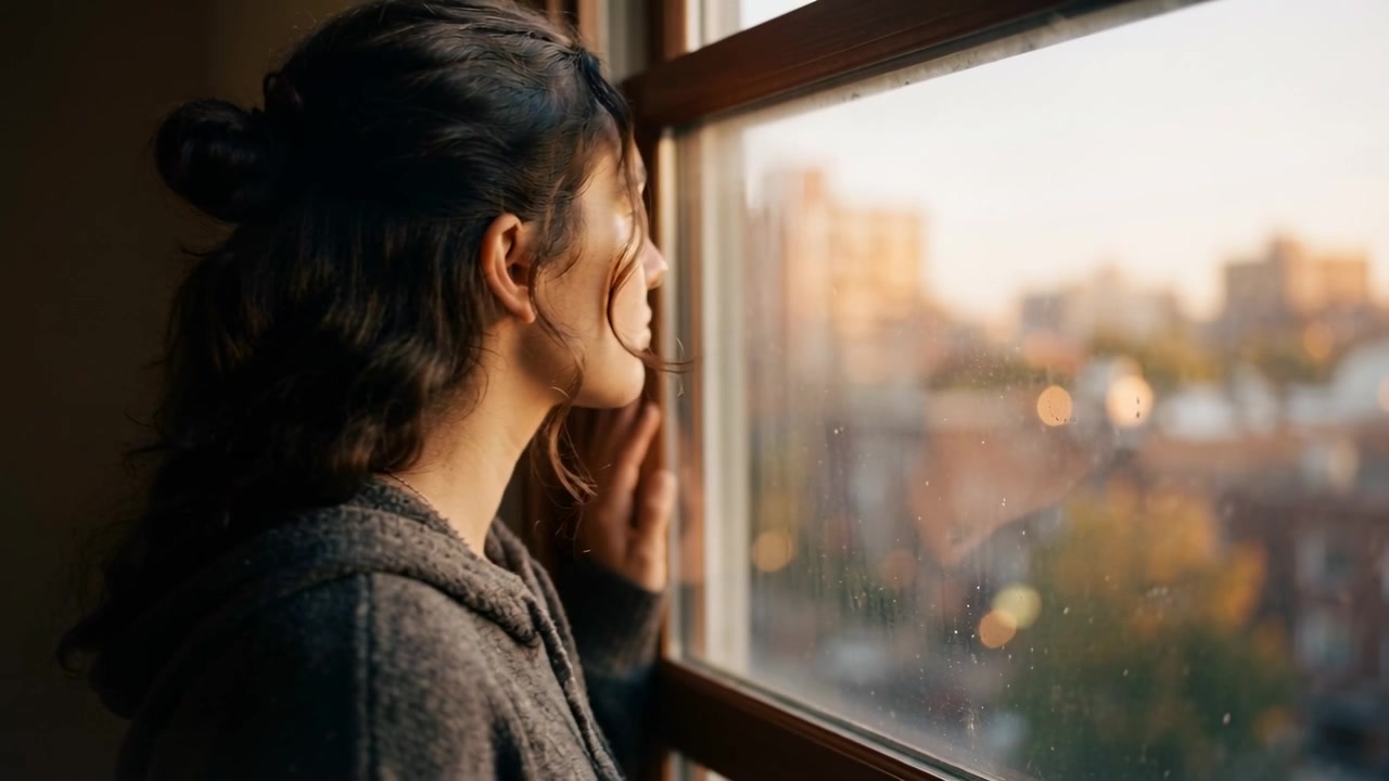 Donna con felpa grigia con cappuccio appoggiata a una finestra di legno, che tocca delle macchie, illuminata dalla luce del sole e che guarda la città.