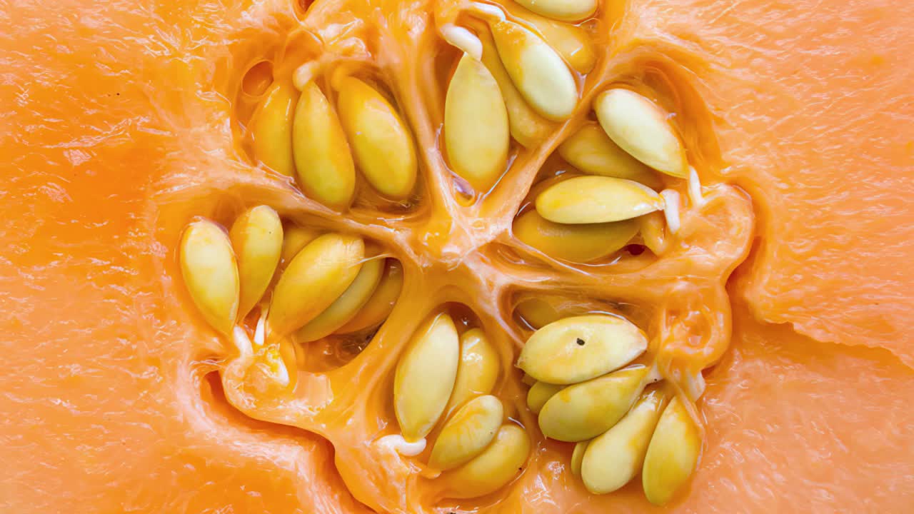 Fresh, juicy, sweet orange melon with seeds. Harvesting season