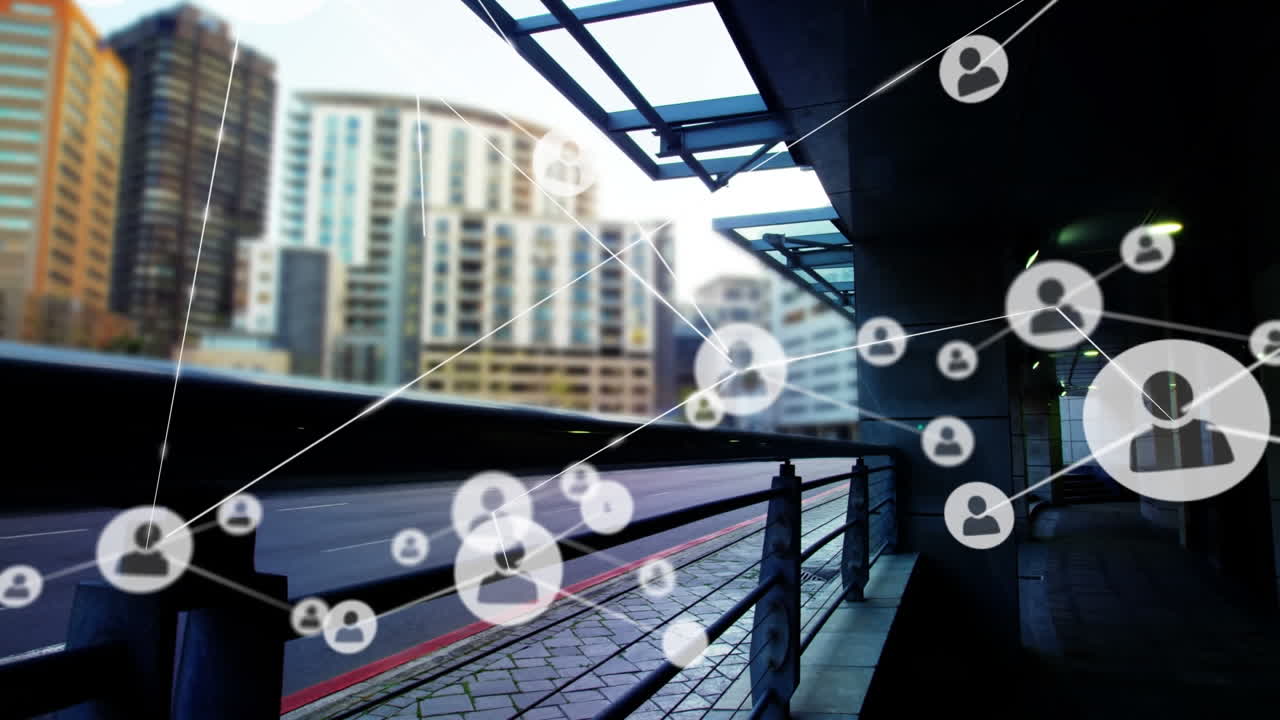 건물에 대항하여 거리에서 이동하는 차량의 시간 간격에 대한 연결된 아이콘의 애니메이션