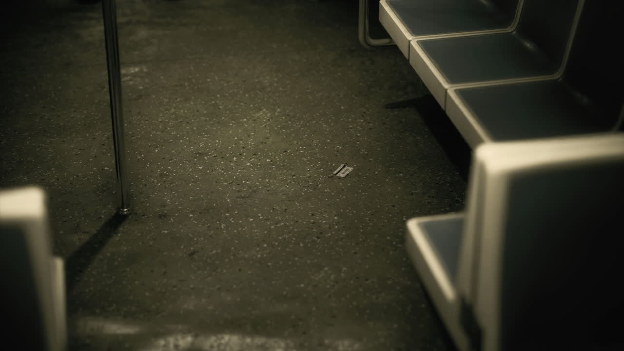 Abandoned subway car floor with discarded items in dim lighting at night