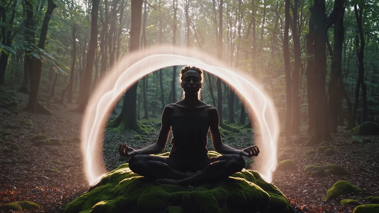 A serene video scene of a person meditating in a forest, captured from a low angle, with sunlight