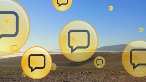 animation of speech bubble icons over windmills on field against clear sky