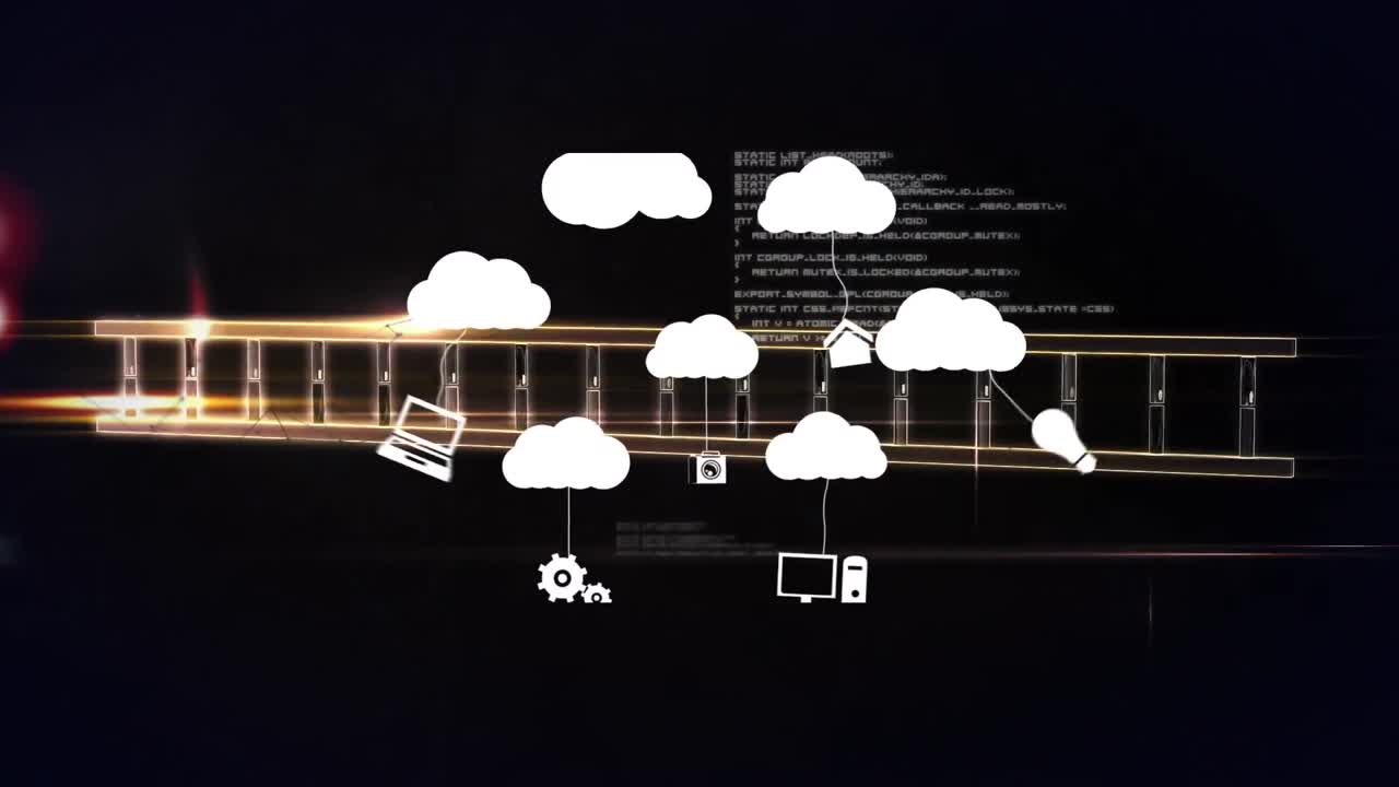 animación de nubes con iconos sobre cadena de adn y procesamiento de datos