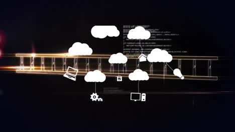 Animation-Von-Wolken-Mit-Symbolen-über-DNA-Strang-Und-Datenverarbeitung