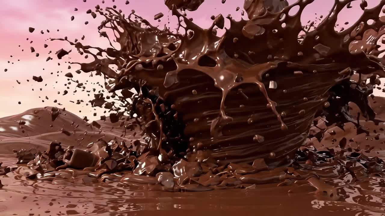 Un tornado di cioccolato distrugge una casa di dolci in un paesaggio fantastico.