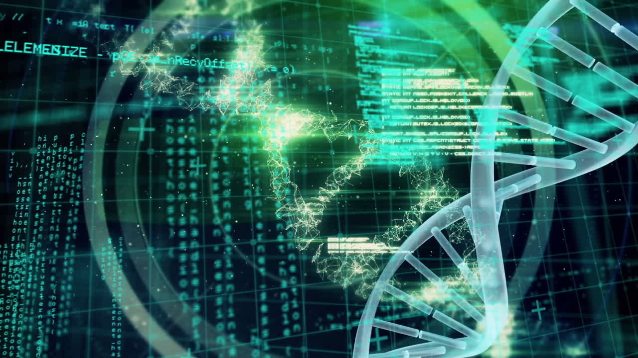 animación de la cadena de adn sobre formas de procesamiento de datos en fondo negro