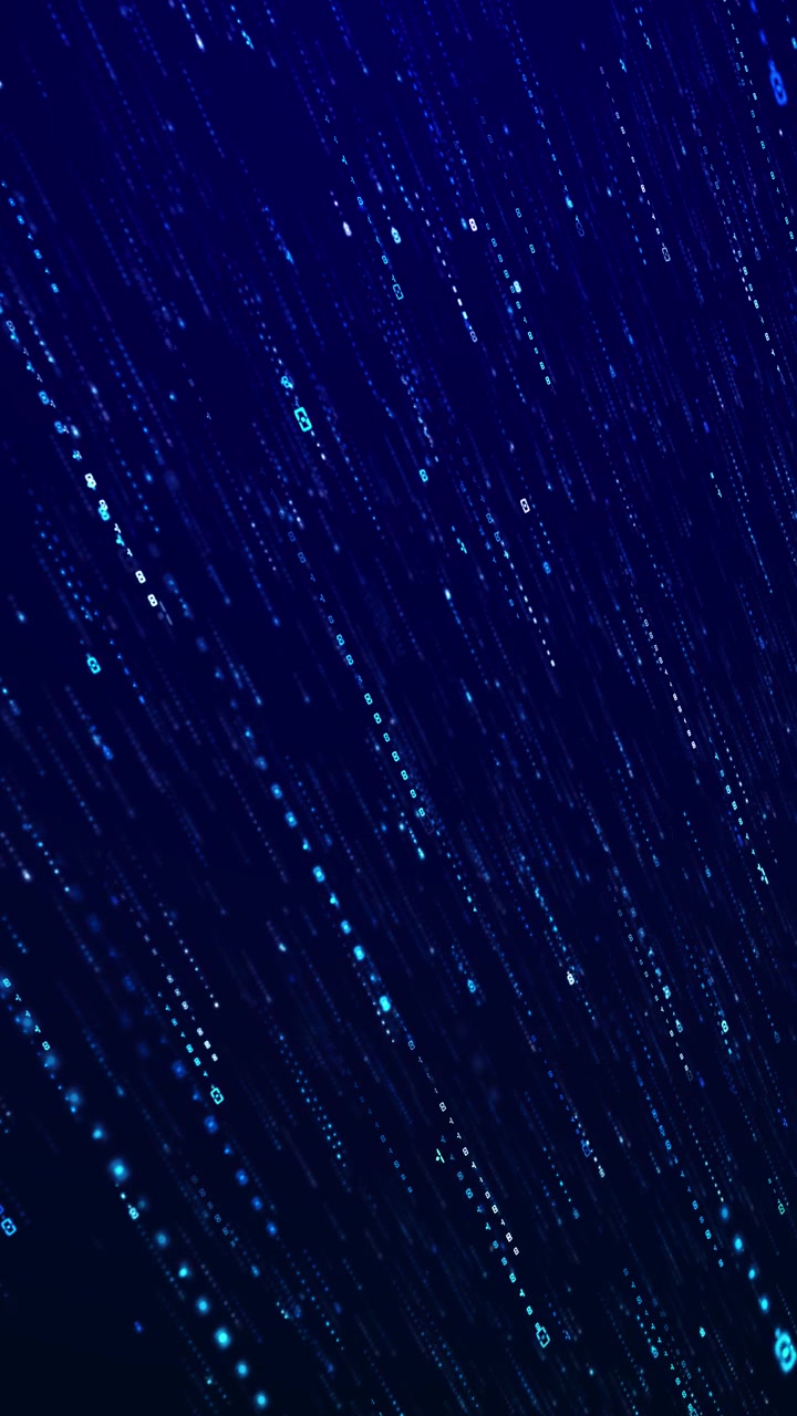 Blue diagonal code rain background falling digital symbols glowing particle streams deep cyber space
