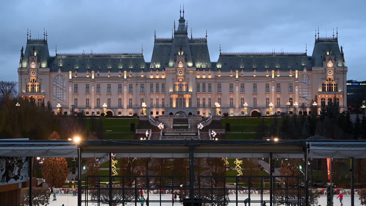 Iasi, Romania - December 18, 2020: View of the Palace of Culture in the evening